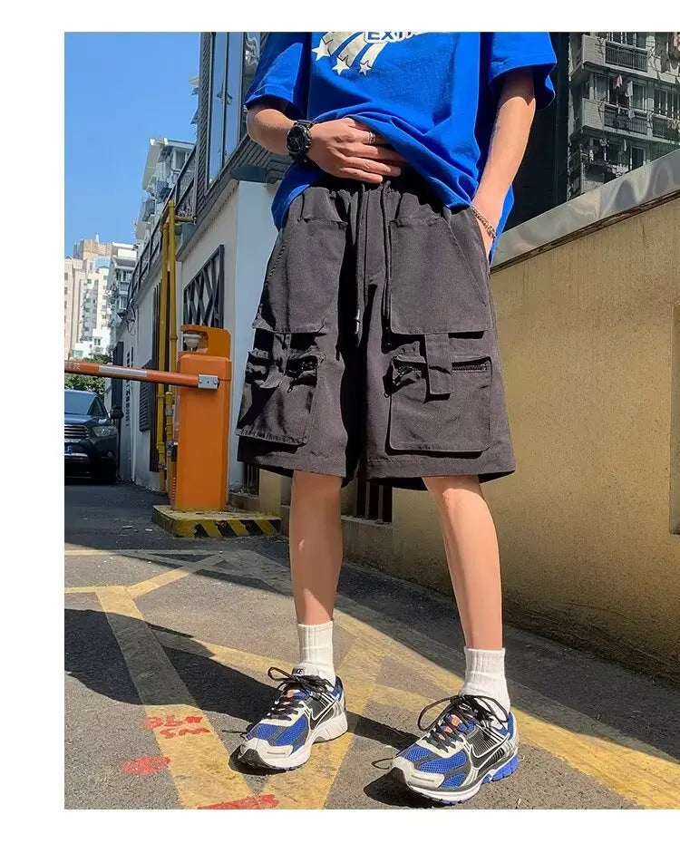 Summer classic multi pocket retro workwear shorts thin, loose, oversized straight leg casual pants for boys