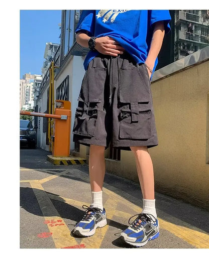 Summer classic multi pocket retro workwear shorts thin, loose, oversized straight leg casual pants for boys