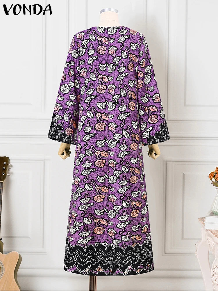Plus Size VONDA Bohemian Dress 2025 Elegant Women Printing Sundress Vintage Flare Long Sleeve Maxi Vestidos O-Neck Robe Summer