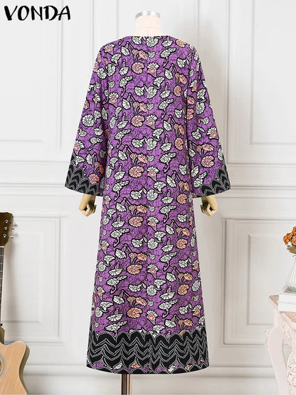 Plus Size VONDA Bohemian Dress 2025 Elegant Women Printing Sundress Vintage Flare Long Sleeve Maxi Vestidos O-Neck Robe Summer