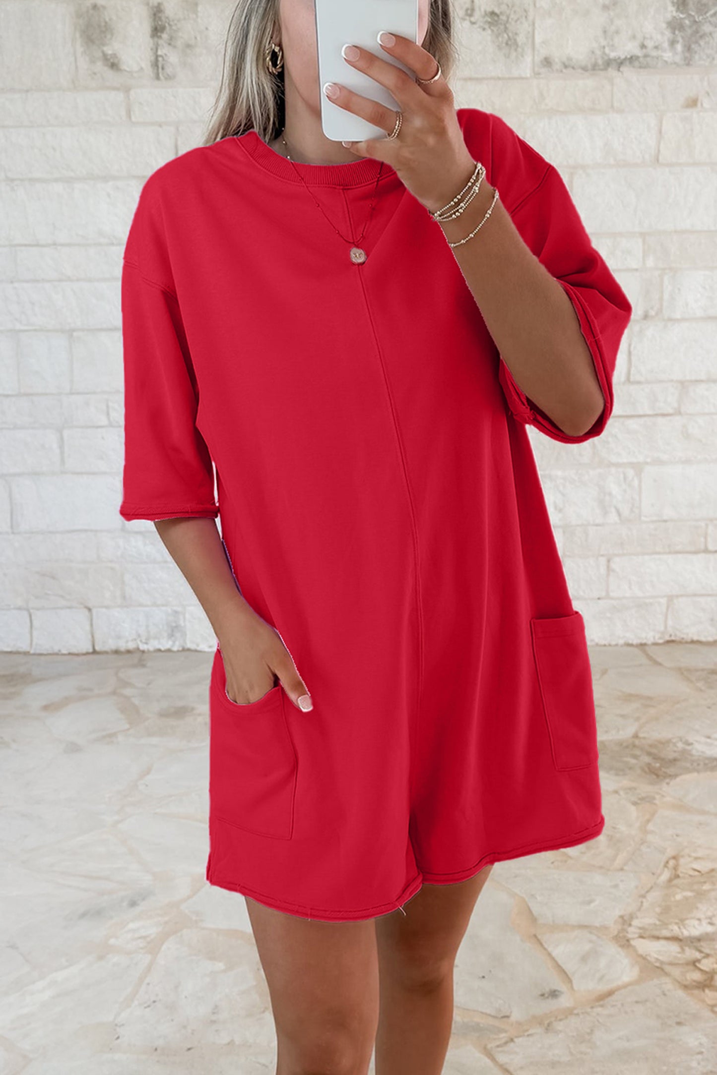 Fiery Red Solid Color Raw Edge Half Sleeve Pocketed Loose Romper
