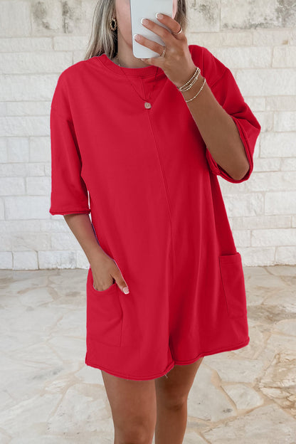 Fiery Red Solid Color Raw Edge Half Sleeve Pocketed Loose Romper