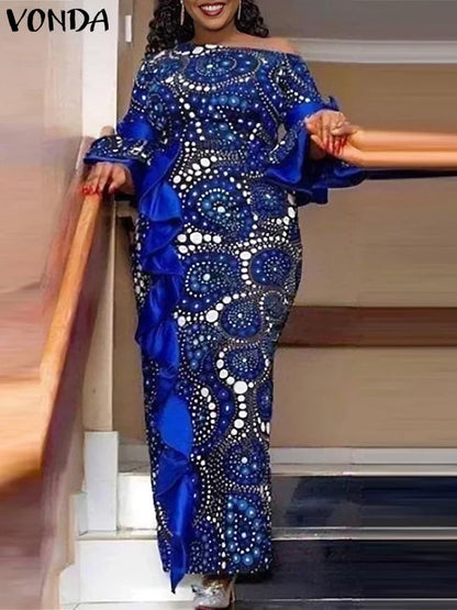 Plus Size 5XL VONDA 2025 Summer Off Sholuder Maxi Dress Women Bohemian Ruffled Printed Vestidos Fashion Casual Floor-Length Robe