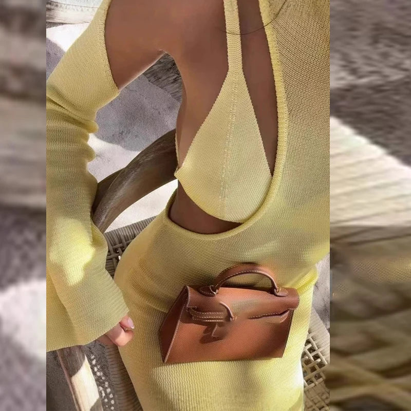 Women Sexy Yellow Knitted Beach Dress Fashion Irregular See Through Bodycon Maxi Dress 2025 Summer Hollow Out Cover UP Robes