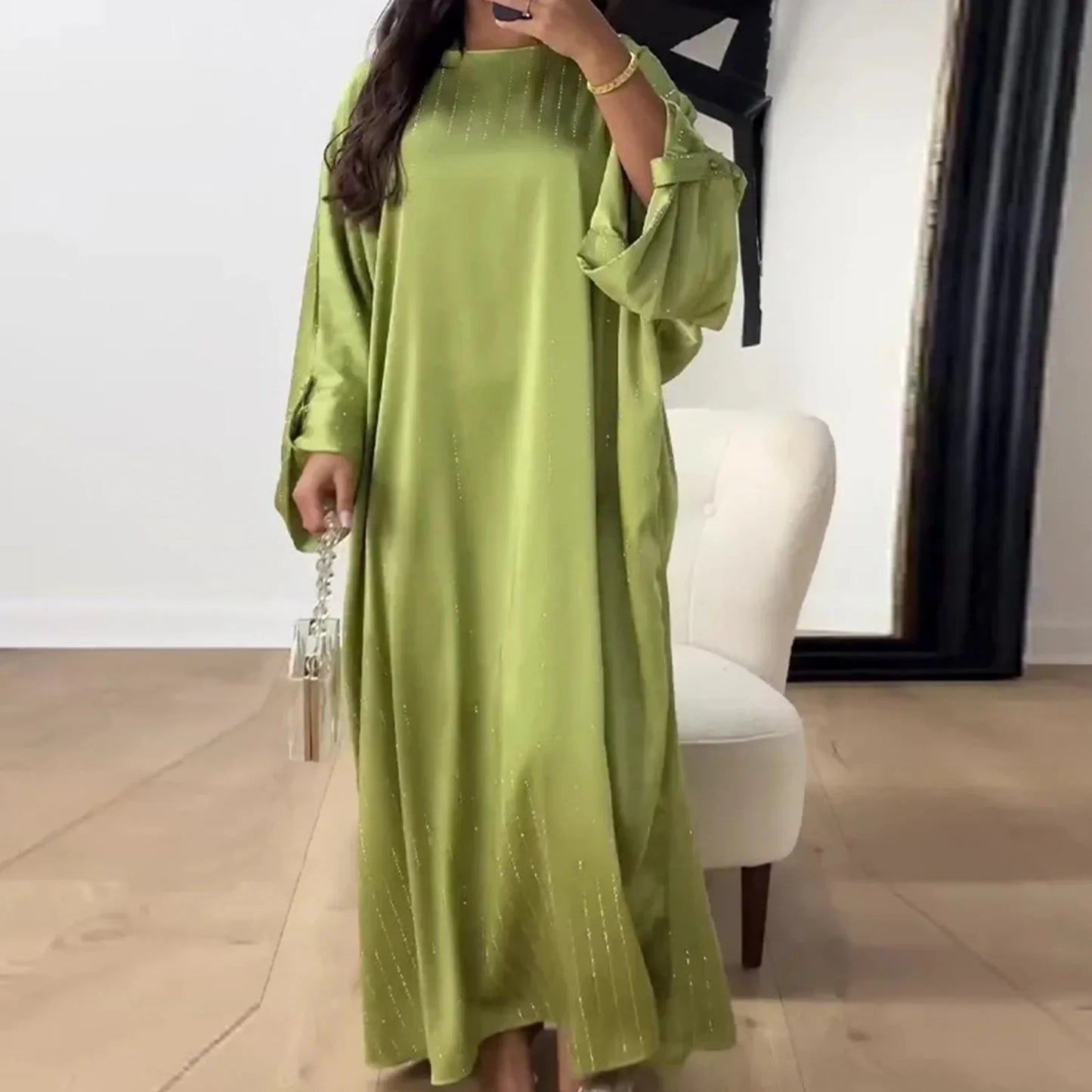 Dubai Spring/Summer Gathering Striped Dress, Women Simple O-neck Abaya Long Sleeve Dresses, Middle East Abaya Dress Islamic Robe
