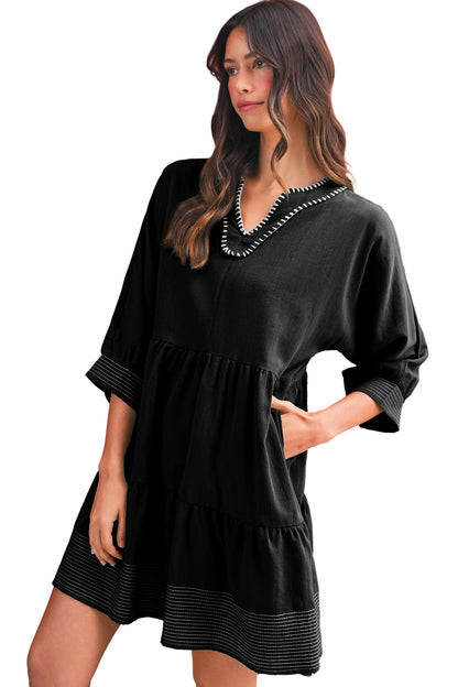 Jungle Green Contrast Stitched V Neck 3/4 Sleeve Swing Mini Dress