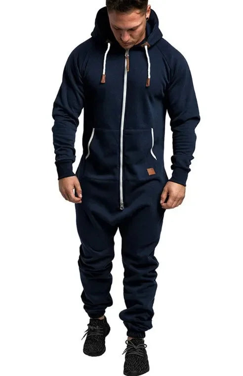 Mens Onesie Jumpsuit Long Sleeve Fleece Sweatpants Pure Color Splicing 2025 Autumn and Winter Casual Hoodie Male Zipper Jumpsuit