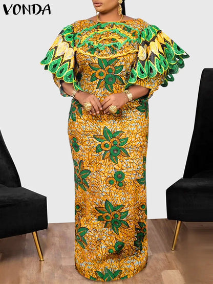 Plus Size 5XL VONDA Women Bohemian Printing Maxi Dress Vintage Fare Sleeve Elegant Evening Party Sundress 2024 Casual Loose Robe