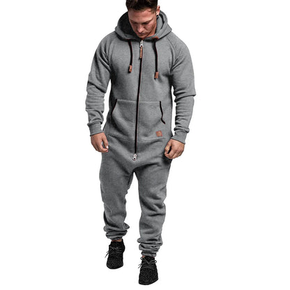Mens Onesie Jumpsuit Long Sleeve Fleece Sweatpants Pure Color Splicing 2025 Autumn and Winter Casual Hoodie Male Zipper Jumpsuit