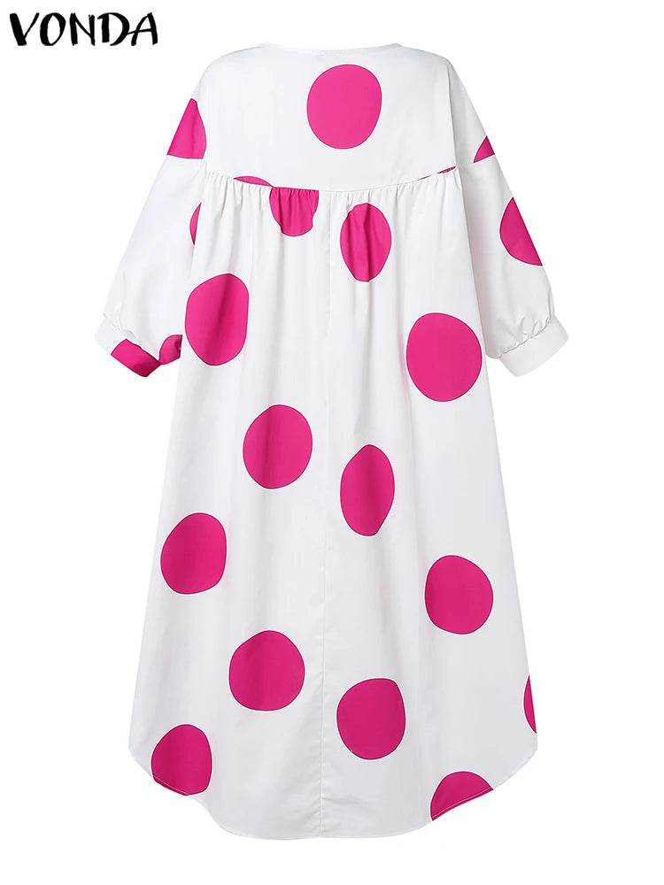 Plus Size VONDA Women Dot Printed Dress Bohemian Sundress 2025 Three Quarter Summer Party Vestidos Bat-wing Sleeve Casual Robe