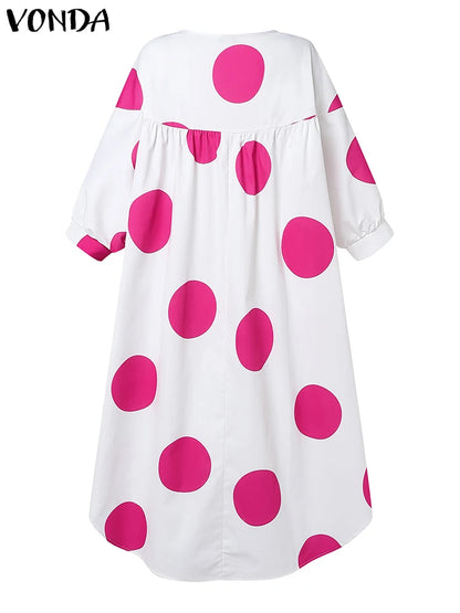 Plus Size VONDA Women Dot Printed Dress Bohemian Sundress 2025 Three Quarter Summer Party Vestidos Bat-wing Sleeve Casual Robe