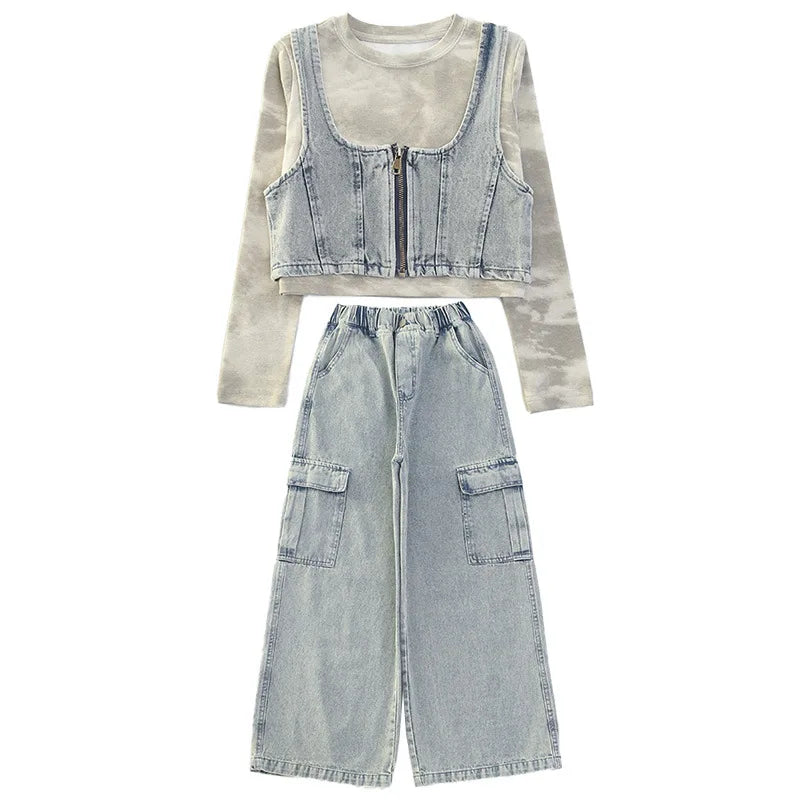 vetement enfant fille denim vest+top t shirt+cargo pants jeans three pcs kids girls clothes sets childer outfits clothing suit
