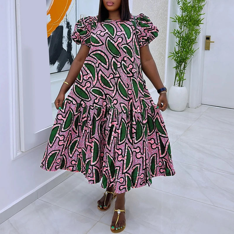 Plus Size Women Dress Vintage Print Sundress 2025 VONDA Puff Sleeve Casual Loose Vestidos Fashion Ruffled Midi Robe Femme