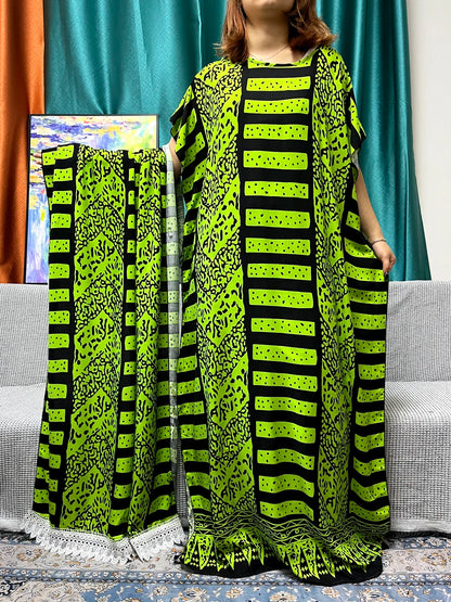 Muslim Abayas For Women 2024 Printed Cotton Short Sleeve Loose Fit Femme Robe Moroccan Caftan Nigeria Drsses With 80x160cm Sarf