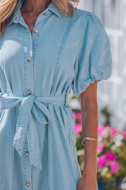 Beau Blue Full Buttons Collared Short Bubble Sleeve Long Denim Dress