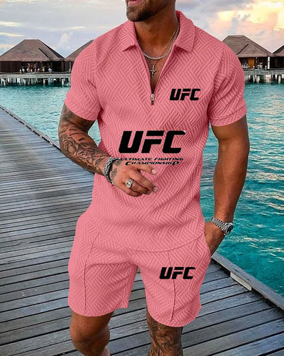 2025 Summer New Casual Fashion Style Polo Set, UFC Fighting Fans, Zipper Polo Shirt+Shorts, Outdoor Sports Two Piece Set