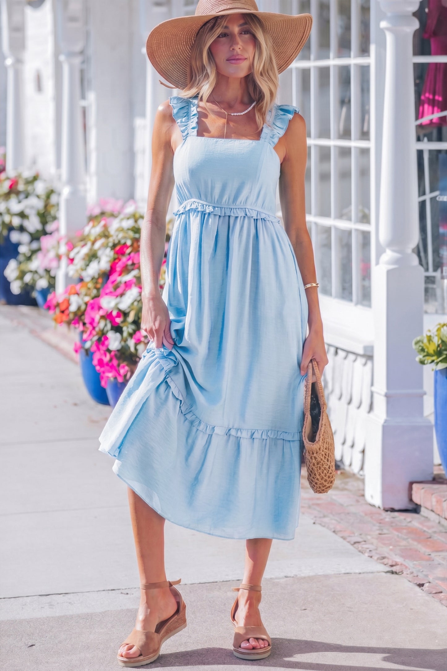 Beau Blue Solid Color Ruffle Trim High Waist Sleeveless Maxi Dress