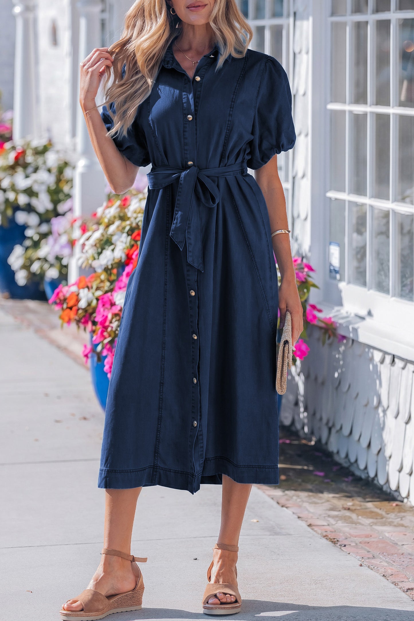 Beau Blue Full Buttons Collared Short Bubble Sleeve Long Denim Dress