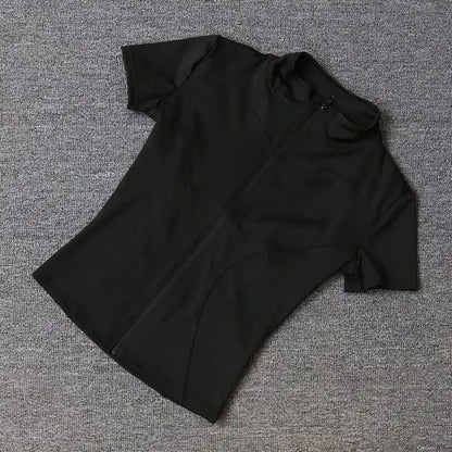 Summer Solid Zipper Slimming Coat Women Short Sleeve Stand Collar Cycling Running Tops Female Gym Sports Workout Clothes Street