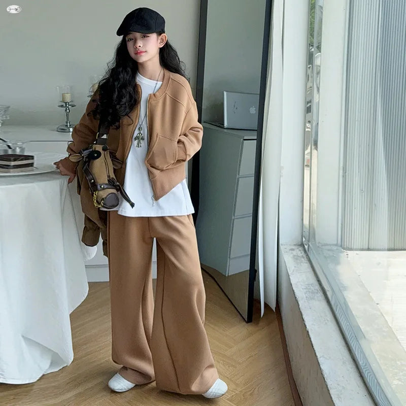 Teen Girls Casual Clothes Set Black Khaki Zipper Jacket+Wide leg pants 2pcs Junior Kids Suit Child Outfits Vetement enfant fille