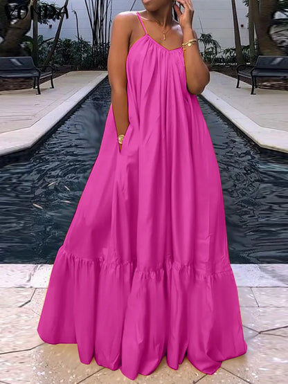 Plus Size Women's Summer Dress Spaghetti Strap Sexy Maxi Sundress 2025 Satin Party Beach Vestido Ruffled Robe 5XL