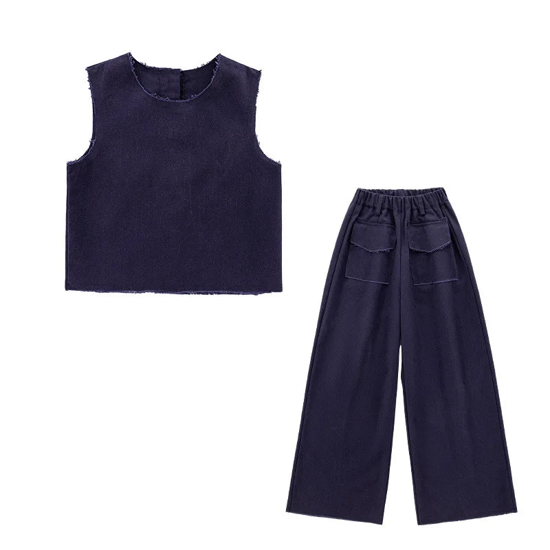 4-14 design teen girl Summer clothes set Hairy denim vest+Wide leg jeans 2pc junior kid pants suit child outfits vetement enfant