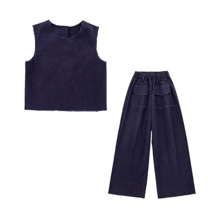4-14 design teen girl Summer clothes set Hairy denim vest+Wide leg jeans 2pc junior kid pants suit child outfits vetement enfant