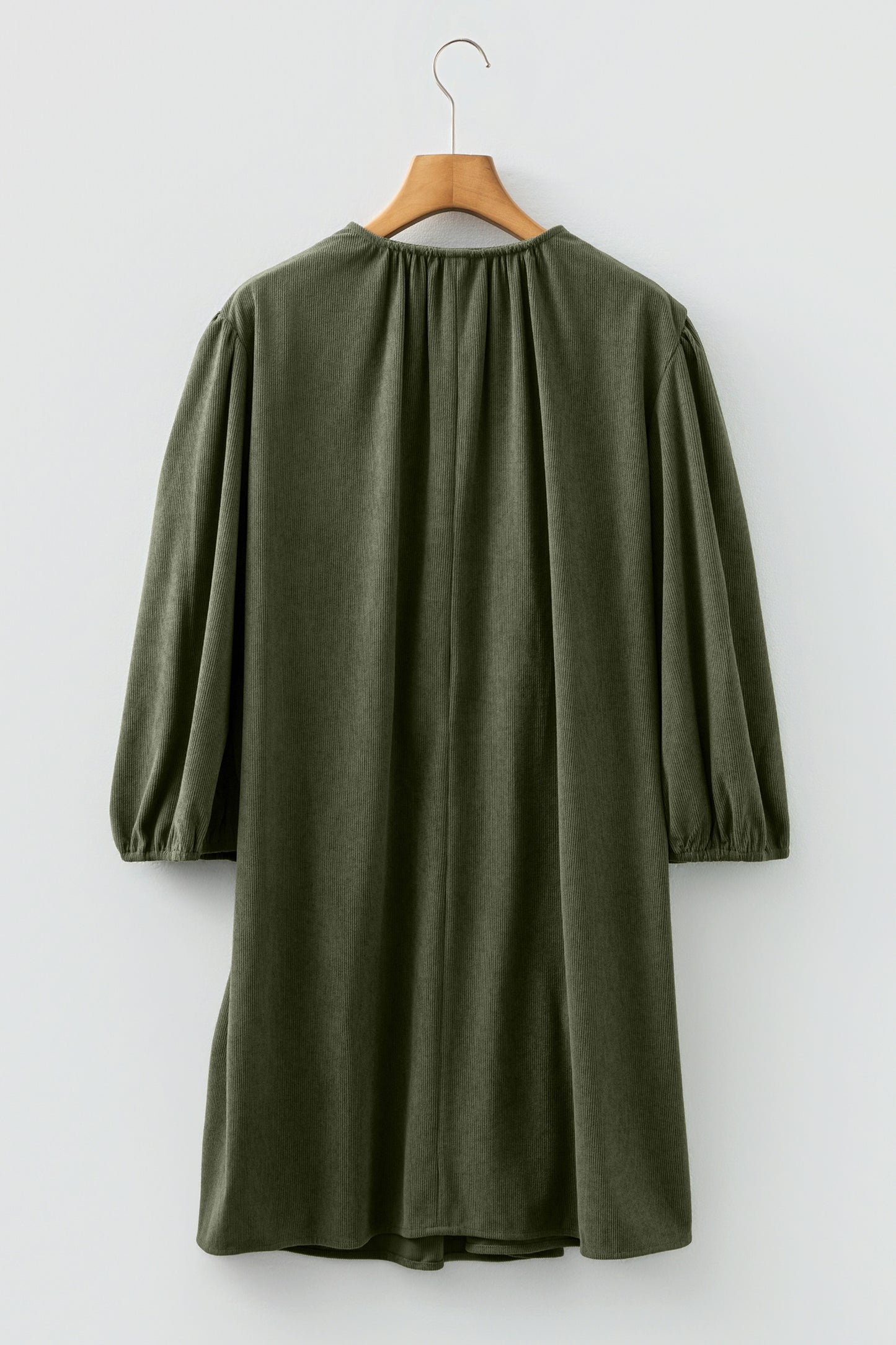 Cinnamon Split Neck Scallop Detail Pleated Corduroy Mini Dress