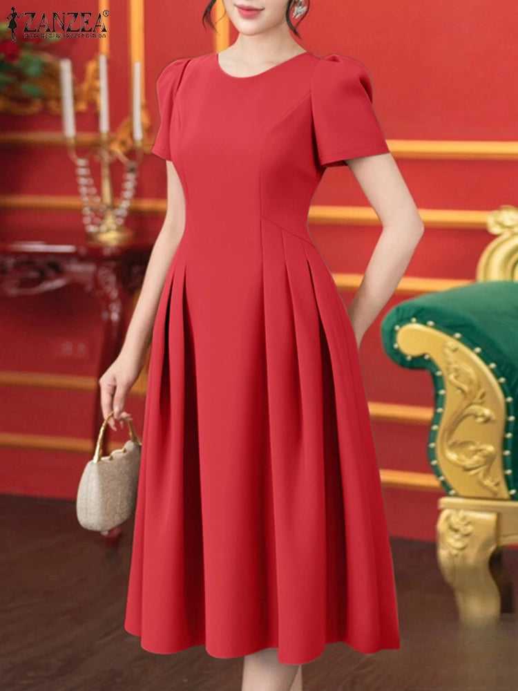ZANZEA Women 2025 Fashion Robes Pleated Solid Color Streetwear O-Neck A-line Vestidos Short Puff Sleeve Elegant Midi Dresses