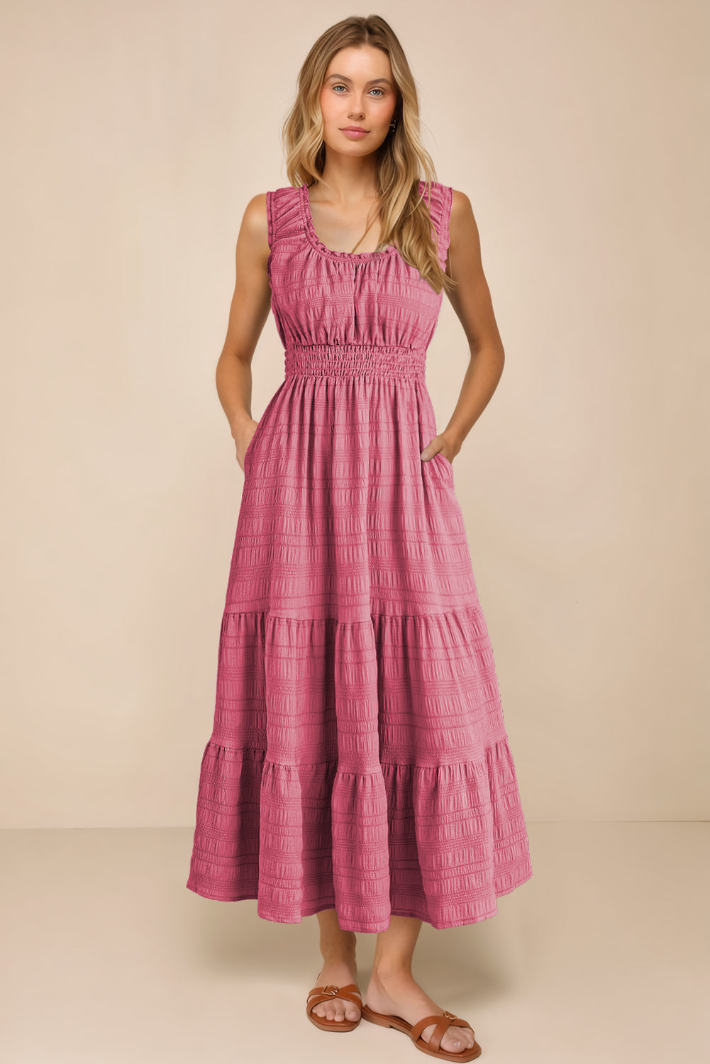 Rose Shirred Pleated Square Neck Sleeveless Midi Dress