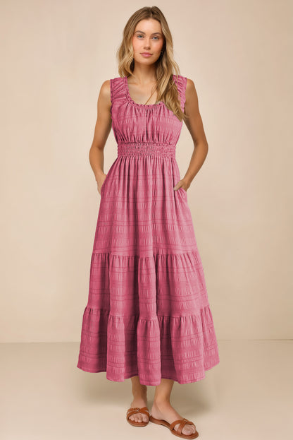 Rose Shirred Pleated Square Neck Sleeveless Midi Dress