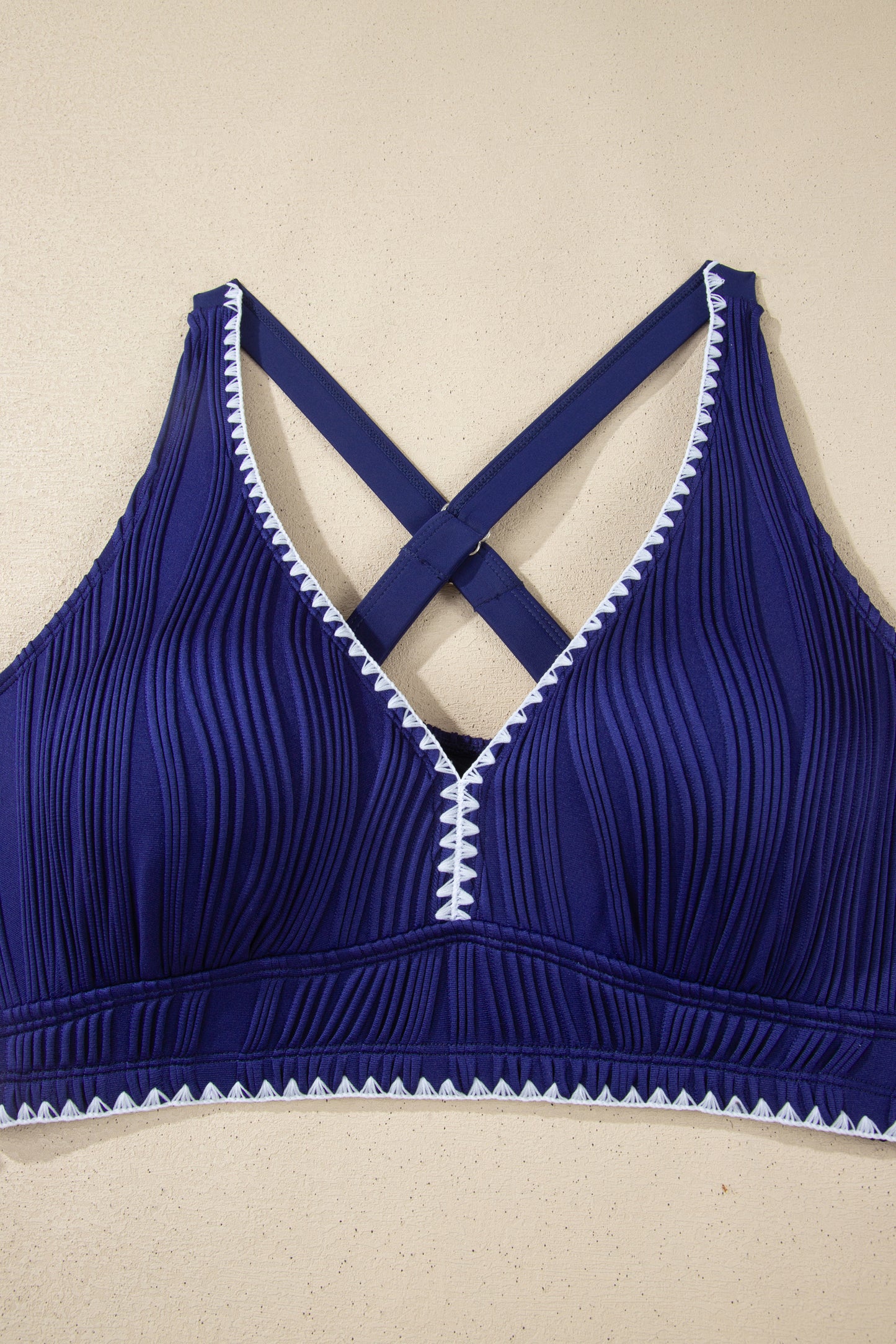 Navy Blue Shell Stitched Trim V Neck Textured Mix and Match High Waist Bikinis