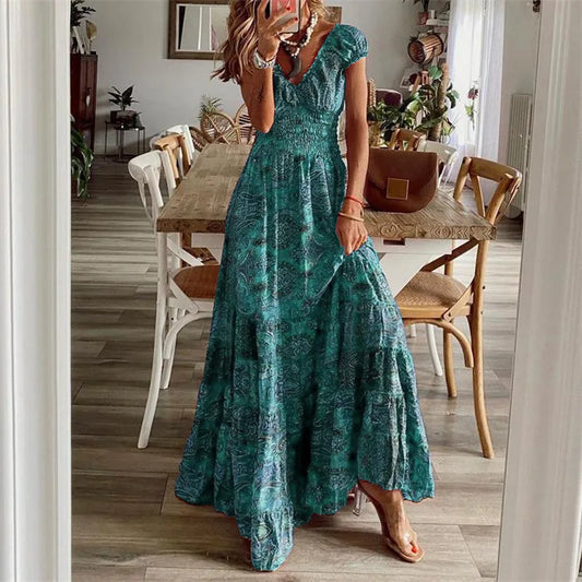 2024 AliExpress Europe and America Plus Size Women's Cross border Summer New Product Bohemian Style Waist Pulling Print Dress