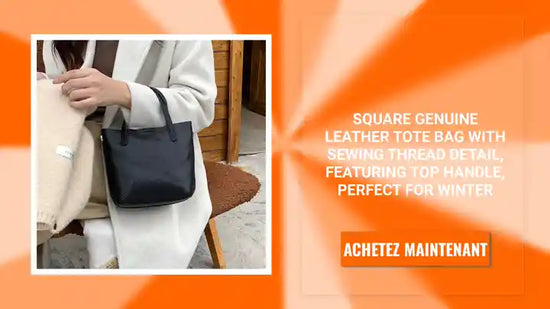 Square Genuine Leather Tote Bag with Sewing Thread Detail, Featuring Top Handle, Perfect for Winter by@Outfy