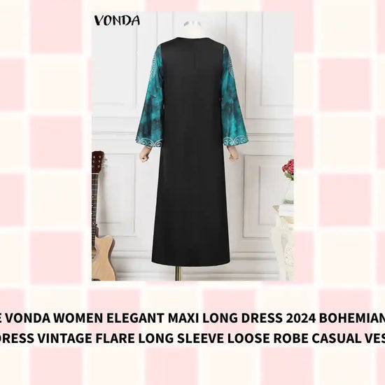 Plus Size VONDA Women Elegant Maxi Long Dress 2024 Bohemian Printed Sundress Vintage Flare Long Sleeve Loose Robe Casual Vestido by@Outfy