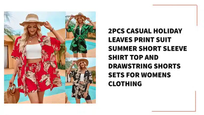 2pcs Casual Holiday Leaves Print Suit Summer Short Sleeve Shirt Top And Drawstring Shorts Sets For Womens Clothing by@Outfy