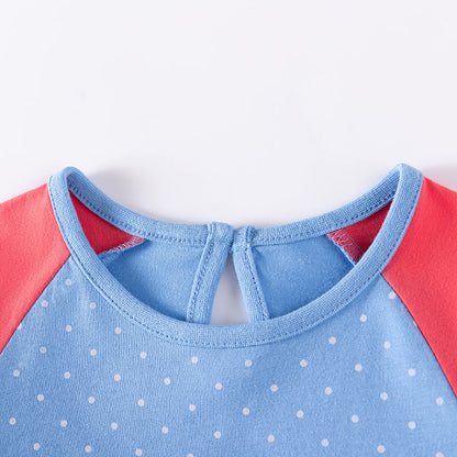 Autumn Arrival Cartoon Rabbit Pattern Long Sleeves Crew Neck Color Patchwork Dress for Stylish Girls