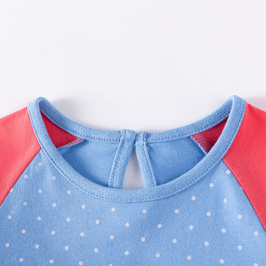 Autumn Arrival Cartoon Rabbit Pattern Long Sleeves Crew Neck Color Patchwork Dress for Stylish Girls