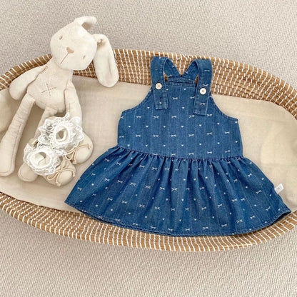 Spring and Autumn Baby Kids Girls Cherry Pattern Long Sleeves Beige Top and Denim Sleeveless Dress Clothing Set