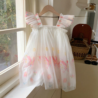 Summer Arrival Butterfly Pattern Sleeveless Tulle Dress for Stylish Girls