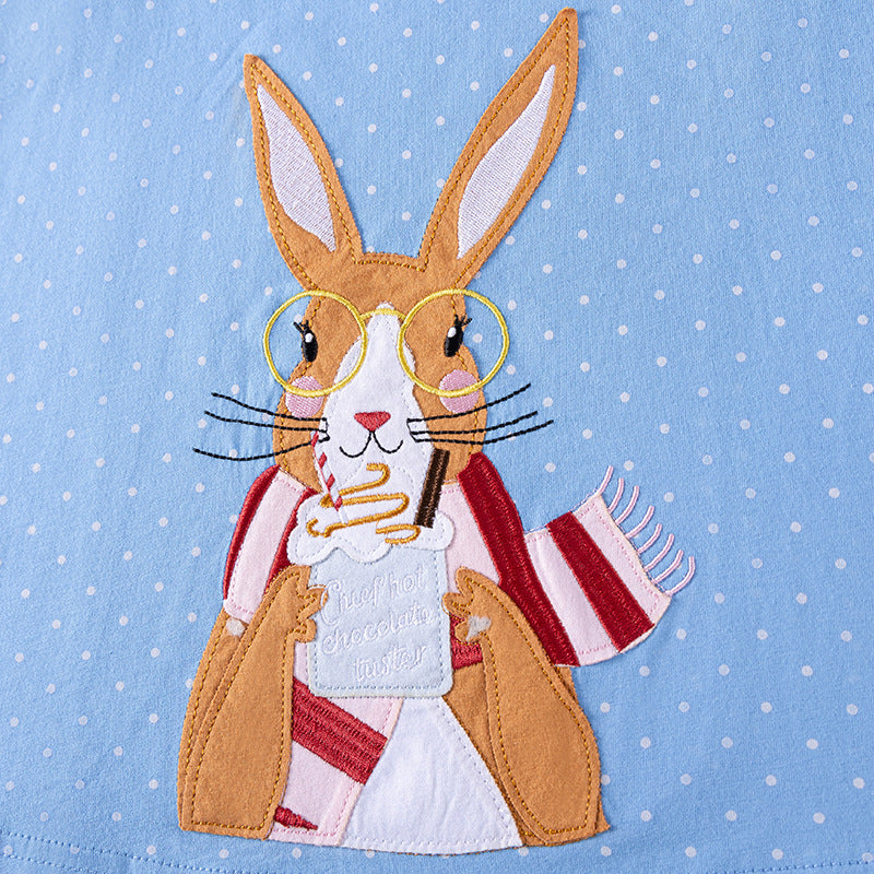 Autumn Arrival Cartoon Rabbit Pattern Long Sleeves Crew Neck Color Patchwork Dress for Stylish Girls