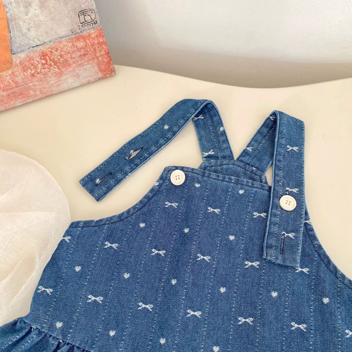 Spring and Autumn Baby Kids Girls Cherry Pattern Long Sleeves Beige Top and Denim Sleeveless Dress Clothing Set