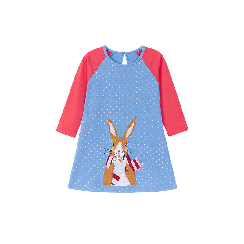 Autumn Arrival Cartoon Rabbit Pattern Long Sleeves Crew Neck Color Patchwork Dress for Stylish Girls