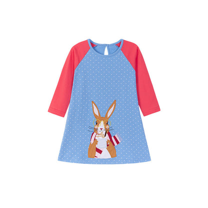 Autumn Arrival Cartoon Rabbit Pattern Long Sleeves Crew Neck Color Patchwork Dress for Stylish Girls