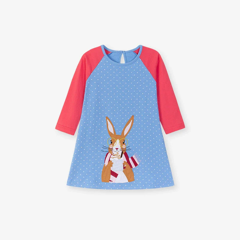 Autumn Arrival Cartoon Rabbit Pattern Long Sleeves Crew Neck Color Patchwork Dress for Stylish Girls