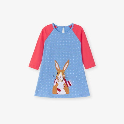 Autumn Arrival Cartoon Rabbit Pattern Long Sleeves Crew Neck Color Patchwork Dress for Stylish Girls