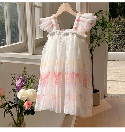 Summer Arrival Butterfly Pattern Sleeveless Tulle Dress for Stylish Girls